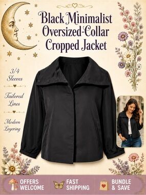 Rafaella Black Jacket Oversized Collar 3/4 Sleeves Side Pockets Small